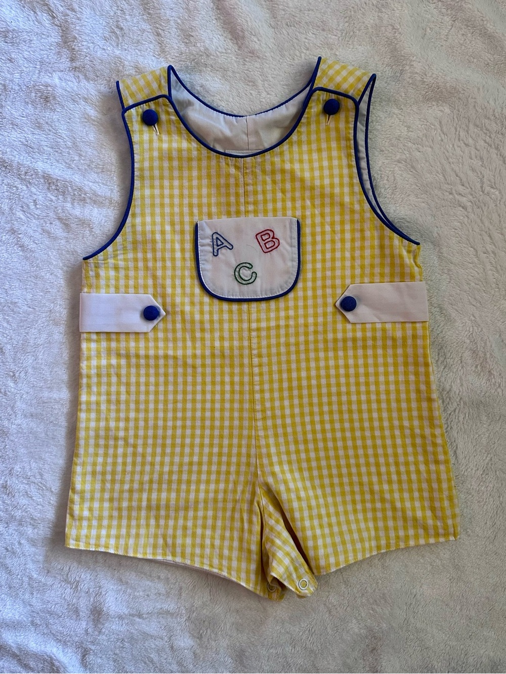 Yellow Gingham ABC Embroidered Kids Romper with Navy Trim